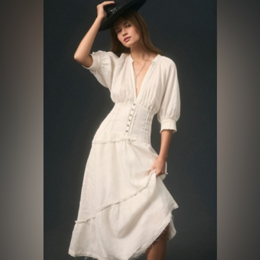 Anthropologie White Button Down Corset Midi Dress
